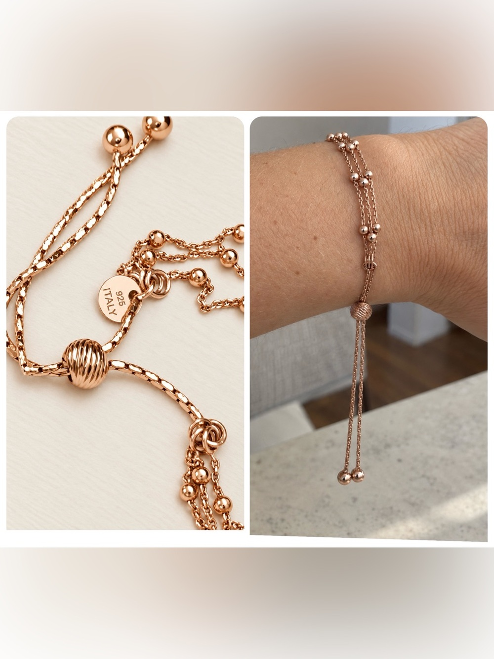 925 Italian TRENDY Rose Gold Multi Strand Etched Slide Ball Bracelet NEW FIRM